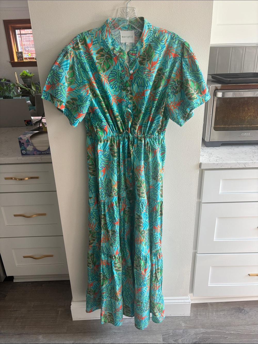 Marigold Teal Tropical Print Button-Front Maxi Dress